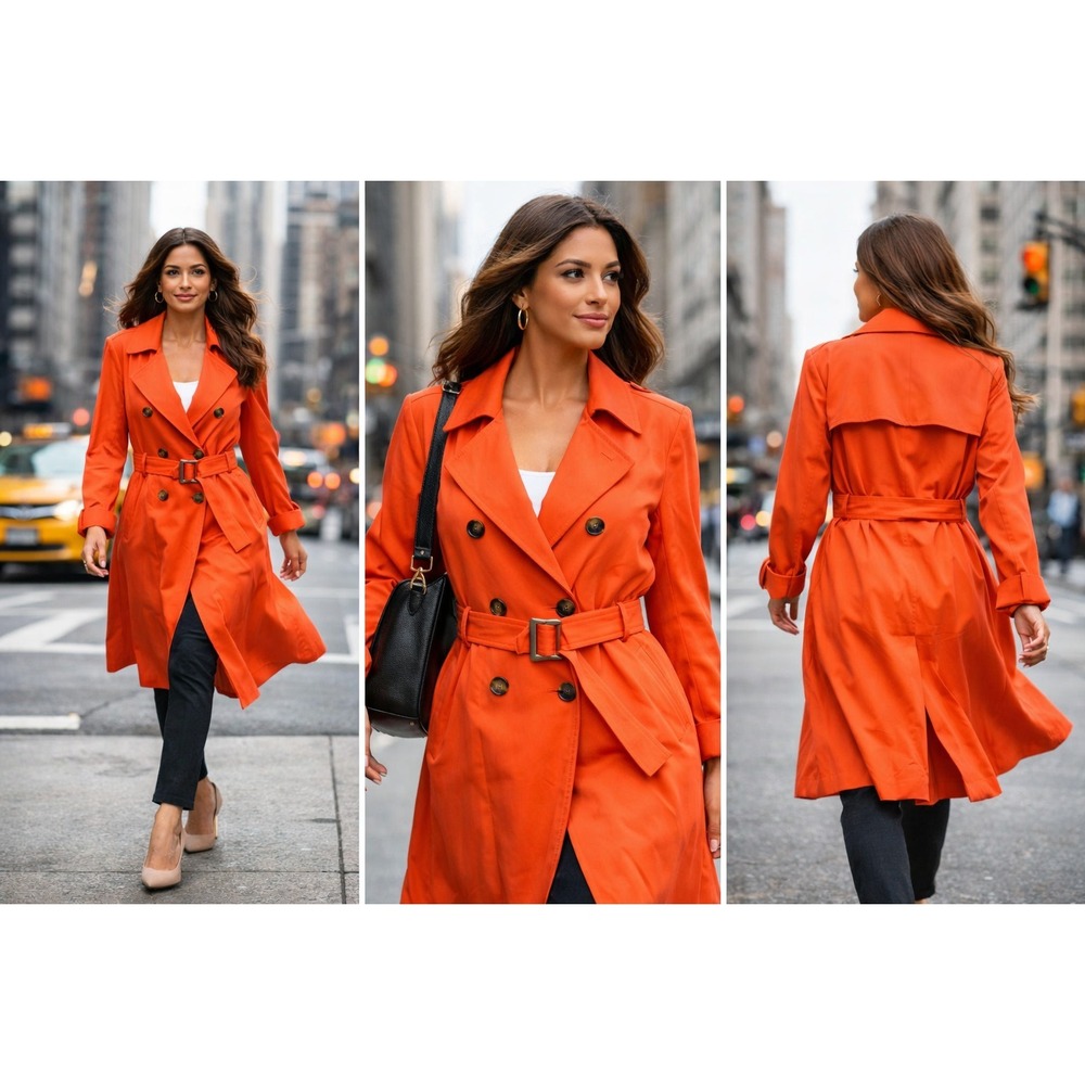 NWT 1.STATE Women's Papaya Orange Poetic Punch Belted Trench Coat Jacket Size 10